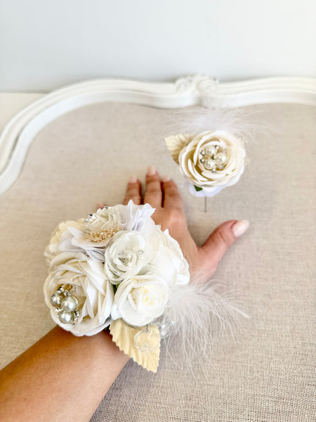 Luxury White Corsage and Boutonniere Set, Wedding, Prom Party Corsage Set