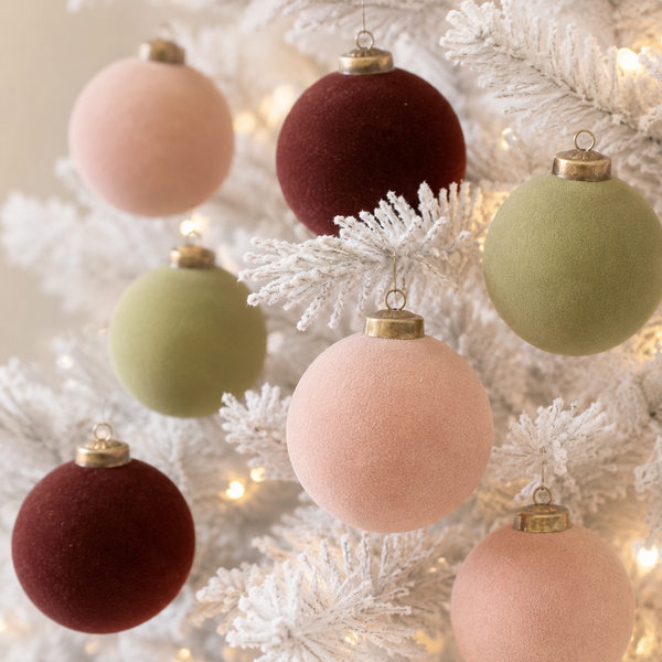 Flocked Christmas Ornaments: Olive Green, Beige, Brown Colors- 9 pcs 3,15" Boho Holiday Decor
