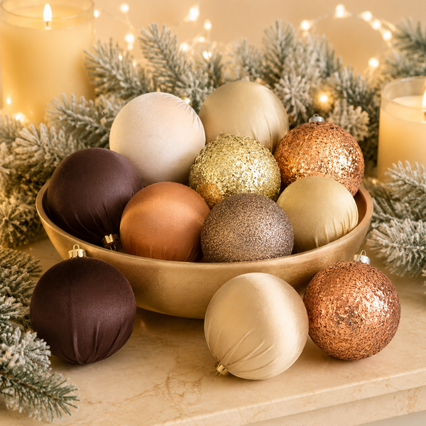 A set of matte and glitter Christmas ornaments in gold, bronze, rose gold, beige, and dark brown, displayed in a gold bowl with flocked pine branches and warm holiday lights.