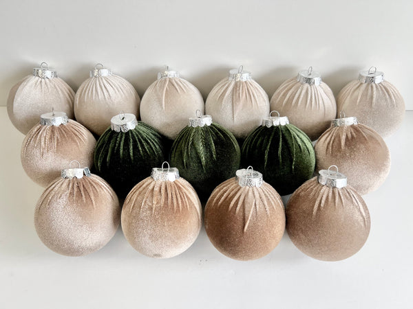 15 pcs Earth Tone Velvet Christmas Ornaments in Neutral Beige, Taupe and Forest Green, Handmade Cozy Holiday Tree Decor, Boho Farmhouse