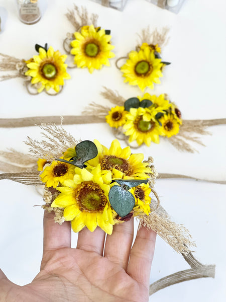 Sunflower Wedding Corsages Boutonnières Set, Prom Wrist Corsage, Rustic Wedding Corsage, Bridesmaids Corsage, Bridal Bracelets
