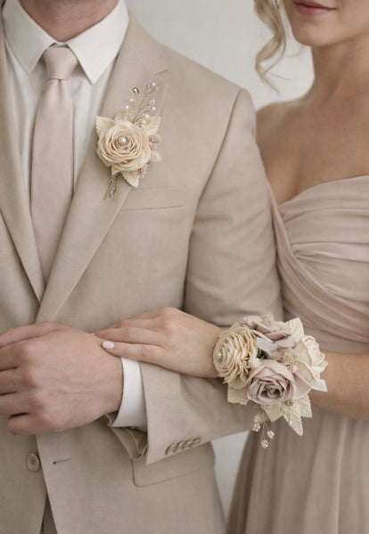 Ivory Beige Sola Wood Flower Corsage and Boutonniere Set, Prom Party Corsage Set