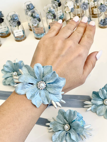 Light Blue Wedding Corsages and Boutonnières Set, Wrist Corsage, Prom Corsage, Bridesmaids Corsage, Bridal Bracelets, Mom wedding Bracelet