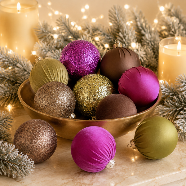 A bowl and scattered collection of metallic and glitter Christmas ornaments in olive green, magenta, gold, bronze, and dark brown, styled with pine branches, candles, and warm fairy lights.