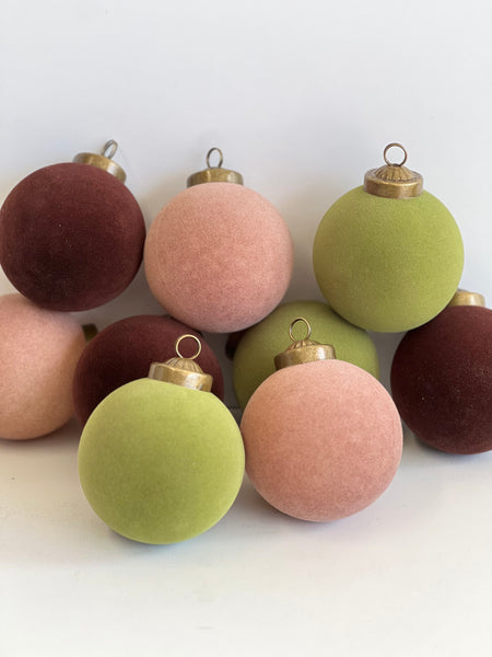 Flocked Christmas Ornaments: Olive Green, Beige, Brown Colors- 9 pcs 3,15" Boho Holiday Decor