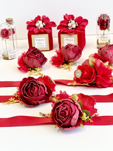 Red Corsage and Boutonnières Set, Wedding Wrist Corsage, Bridesmaids Corsage, Bridal Bracelets, Prom Flower, Mother of Bride Corsage