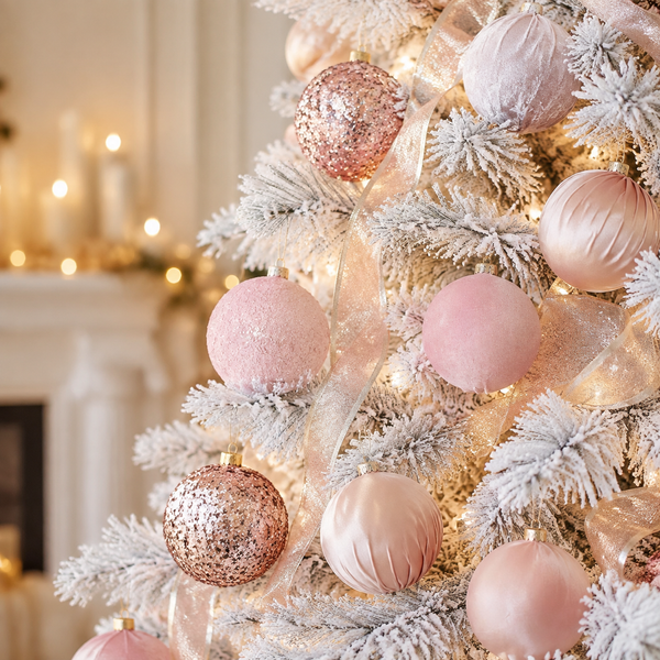A close-up of a flocked Christmas tree decorated with soft blush pink ornaments, glittery rose-gold baubles, and warm white string lights in a cozy indoor setting.