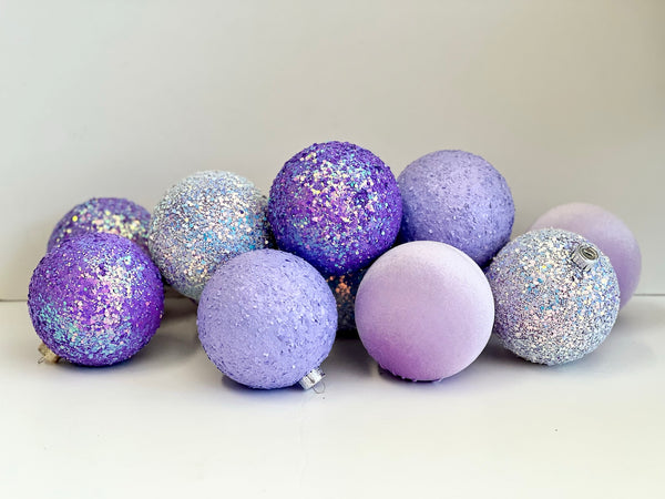 12 Purple Christmas Ornaments: Handmade Glitter Flocked Balls