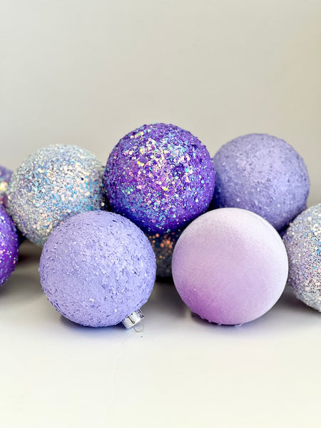 12 Purple Christmas Ornaments: Handmade Glitter Flocked Balls