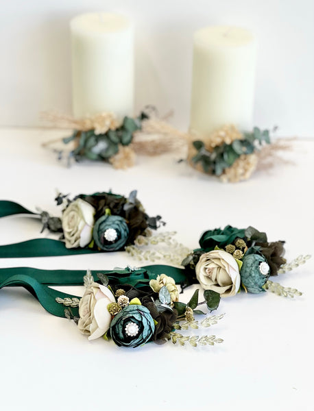 Emerald Green Wedding Corsage Boutonniere Set, Prom Party Corsage Set