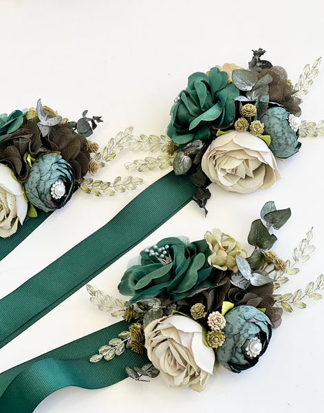 Emerald Green Wedding Corsage Boutonniere Set, Prom Party Corsage Set