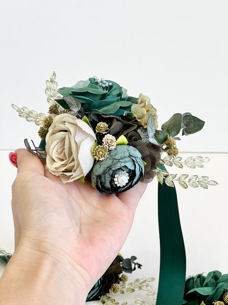 Emerald Green Wedding Corsage Boutonniere Set, Prom Party Corsage Set