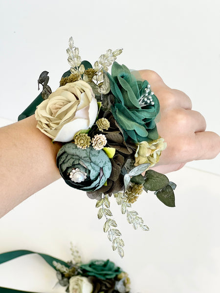 Emerald Green Wedding Corsage Boutonniere Set, Prom Party Corsage Set