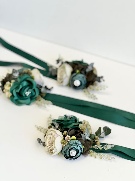 Emerald Green Wedding Corsage Boutonniere Set, Prom Party Corsage Set