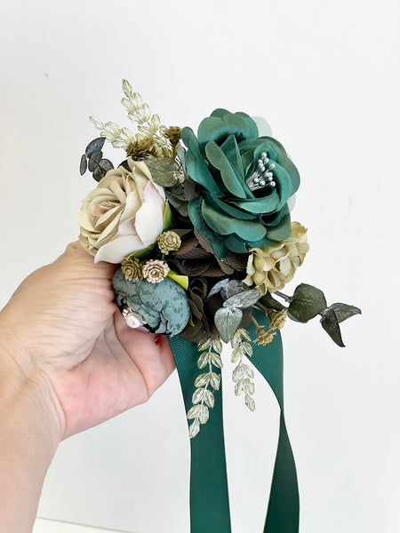 Emerald Green Wedding Corsage Boutonniere Set, Prom Party Corsage Set