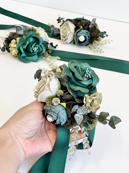 Emerald Green Wedding Corsage Boutonniere Set, Prom Party Corsage Set