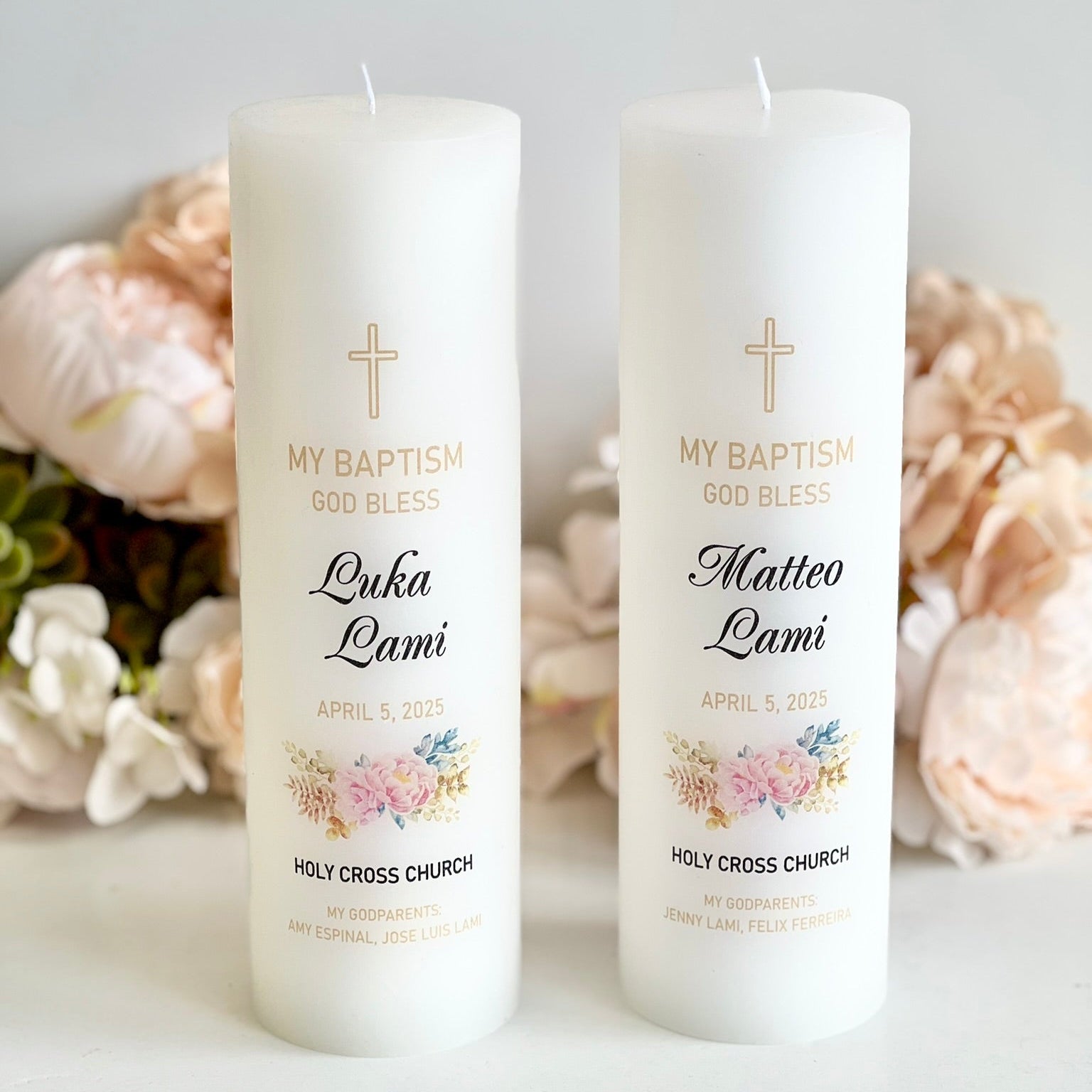 Set of 2 Personalized Baptism Candle – Custom Christening Candle with Photo – Floral Boho Ceremony Taper Candle – Baby Shower Gift