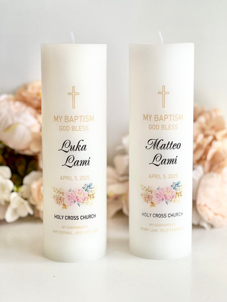 Set of 2 Personalized Baptism Candle – Custom Christening Candle with Photo – Floral Boho Ceremony Taper Candle – Baby Shower Gift