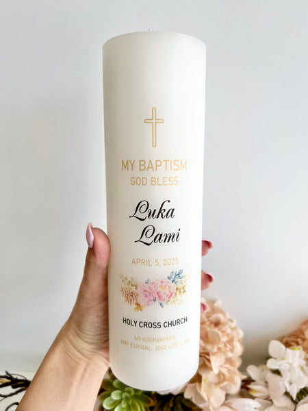 Set of 2 Personalized Baptism Candle – Custom Christening Candle with Photo – Floral Boho Ceremony Taper Candle – Baby Shower Gift