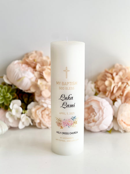 Set of 2 Personalized Baptism Candle – Custom Christening Candle with Photo – Floral Boho Ceremony Taper Candle – Baby Shower Gift