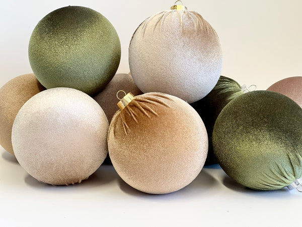 12 Green & Beige Velvet Christmas Balls: Holiday Tree Ornaments