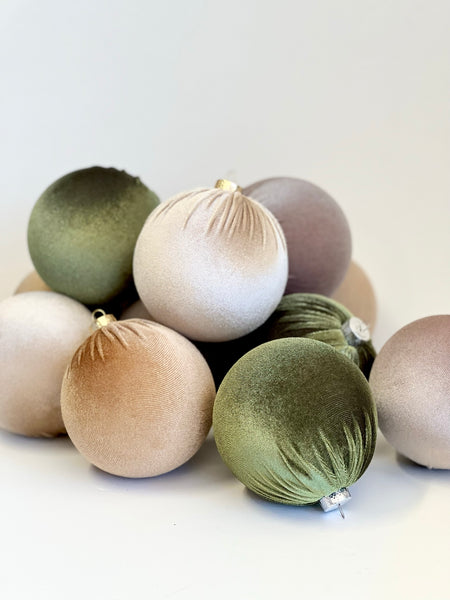 12 Green & Beige Velvet Christmas Balls: Holiday Tree Ornaments