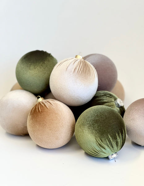 12 Green & Beige Velvet Christmas Balls: Holiday Tree Ornaments