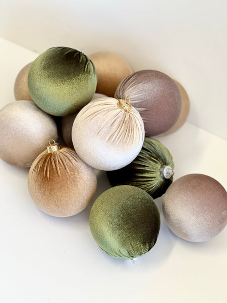 12 Green & Beige Velvet Christmas Balls: Holiday Tree Ornaments