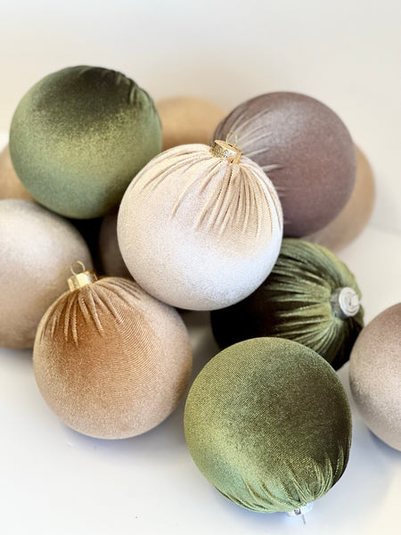 12 Green & Beige Velvet Christmas Balls: Holiday Tree Ornaments