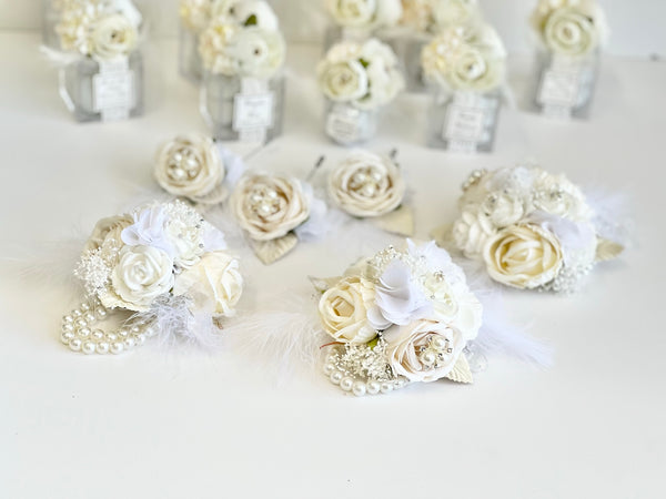 Luxury White Corsage and Boutonniere Set, Wedding, Prom Party Corsage Set