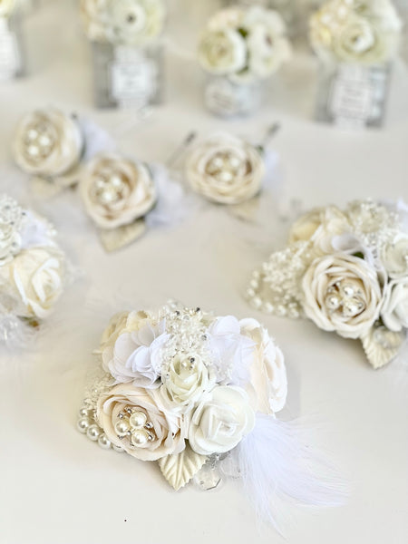 Luxury White Corsage and Boutonniere Set, Wedding, Prom Party Corsage Set