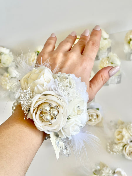 Luxury White Corsage and Boutonniere Set, Wedding, Prom Party Corsage Set