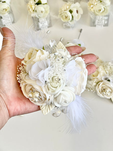 Luxury White Corsage and Boutonniere Set, Wedding, Prom Party Corsage Set