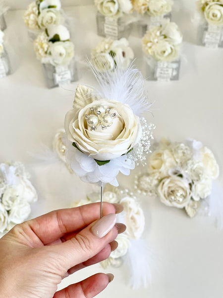 Luxury White Corsage and Boutonniere Set, Wedding, Prom Party Corsage Set