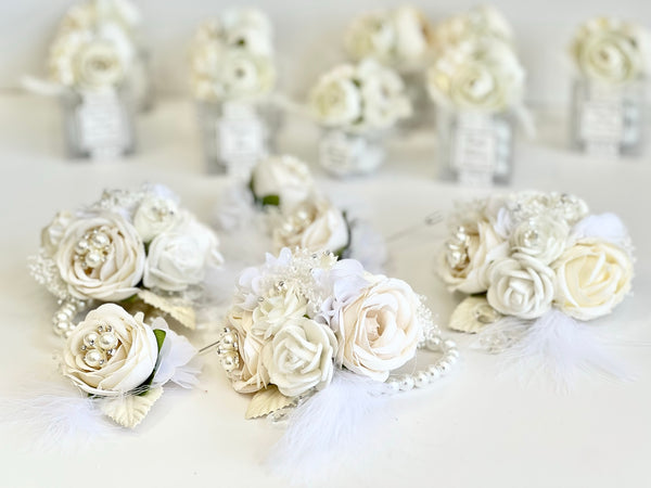Luxury White Corsage and Boutonniere Set, Wedding, Prom Party Corsage Set