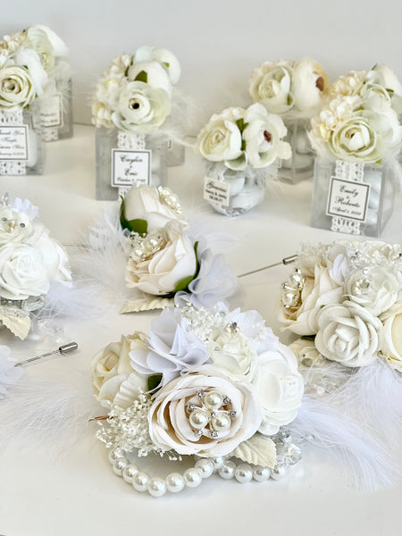 Luxury White Corsage and Boutonniere Set, Wedding, Prom Party Corsage Set