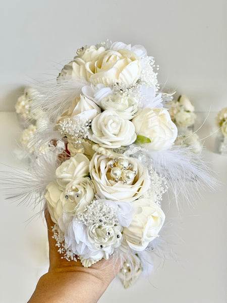 Luxury White Corsage and Boutonniere Set, Wedding, Prom Party Corsage Set