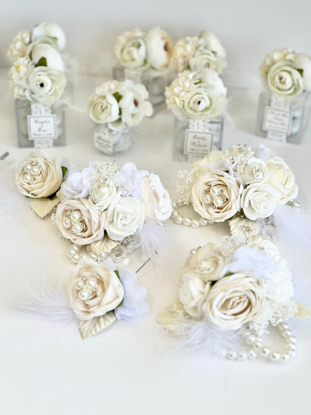 Luxury White Corsage and Boutonniere Set, Wedding, Prom Party Corsage Set