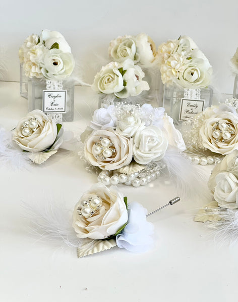 Luxury White Corsage and Boutonniere Set, Wedding, Prom Party Corsage Set