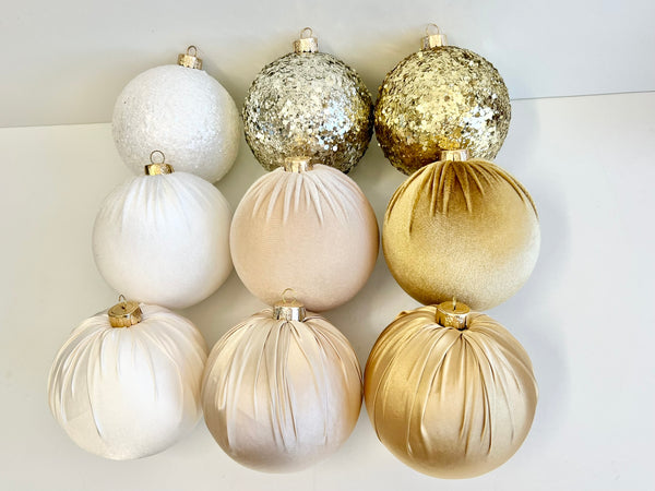 9 pcs Luxury Gold & White Christmas Ornaments, Mix of Velvet Satin Glitter Textured Balls, Elegant Holiday Tree Decorations, Christmas Gifts