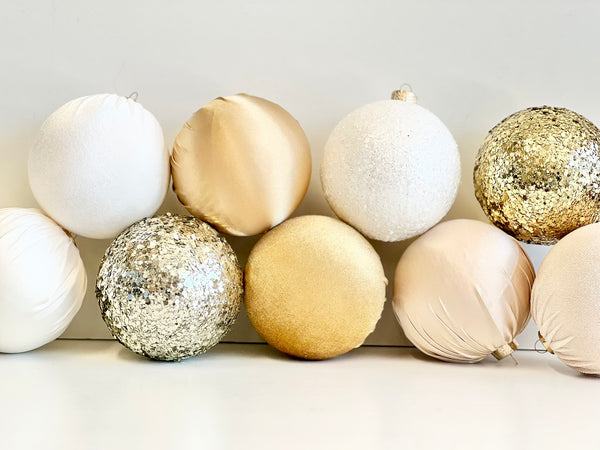 9 pcs Luxury Gold & White Christmas Ornaments, Mix of Velvet Satin Glitter Textured Balls, Elegant Holiday Tree Decorations, Christmas Gifts