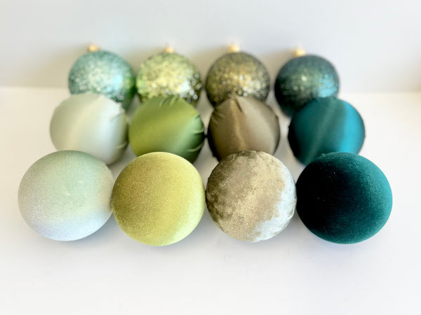 12 pcs Luxury Green Shads Christmas Ornaments, Mix of Velvet Satin Glitter Textured Balls, Elegant Holiday Tree Decorations, Christmas Gifts