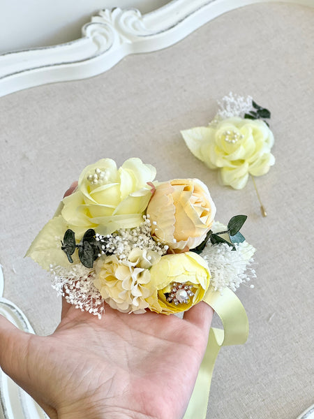 Light Yellow Corsage and Boutonniere Set, Prom Party Corsage Set