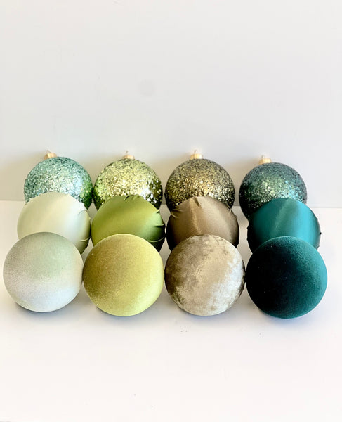 12 pcs Luxury Green Shads Christmas Ornaments, Mix of Velvet Satin Glitter Textured Balls, Elegant Holiday Tree Decorations, Christmas Gifts