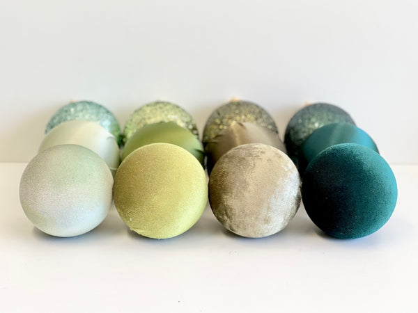 12 pcs Luxury Green Shads Christmas Ornaments, Mix of Velvet Satin Glitter Textured Balls, Elegant Holiday Tree Decorations, Christmas Gifts