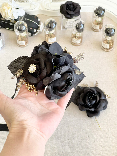 Black Corsage and Boutonniere Set, Wedding, Prom Party Corsage Set