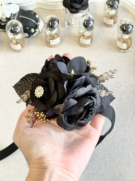 Black Corsage and Boutonniere Set, Wedding, Prom Party Corsage Set