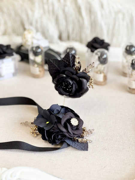 Black Corsage and Boutonniere Set, Wedding, Prom Party Corsage Set