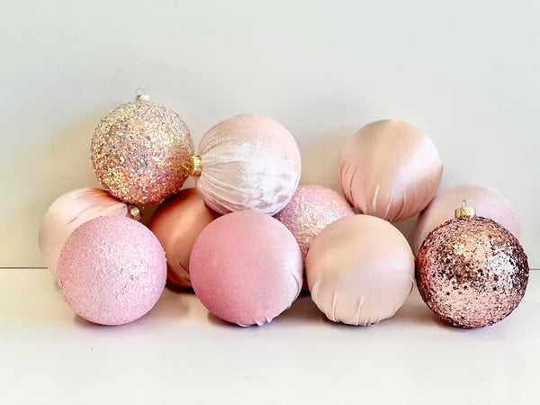 12 pcs Luxury Pink Shades Christmas Ornaments, Mix of Velvet Satin Glitter Textured Balls, Elegant Holiday Tree Decorations, Christmas Gifts