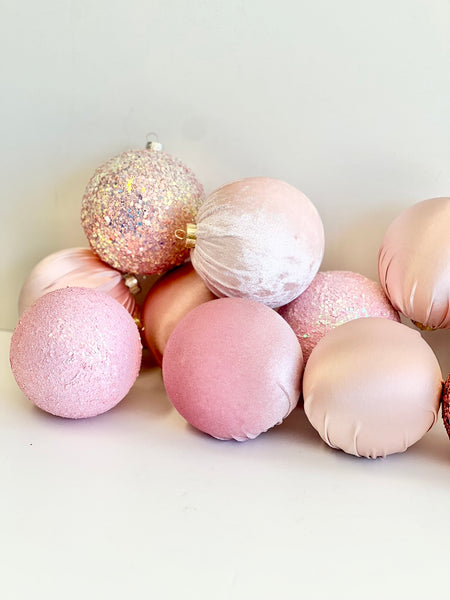 12 pcs Luxury Pink Shades Christmas Ornaments, Mix of Velvet Satin Glitter Textured Balls, Elegant Holiday Tree Decorations, Christmas Gifts